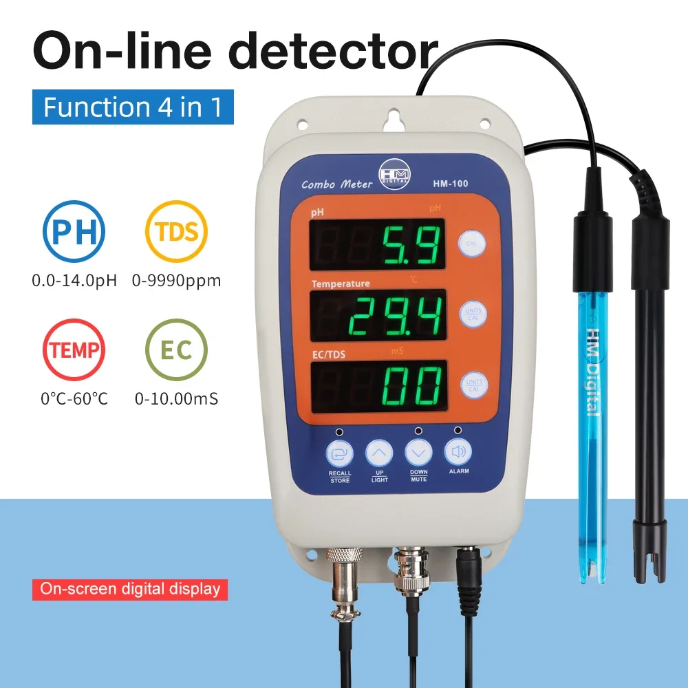 4 in 1 PH Temp TDS EC Meter Multifunctional Digital Display Water Quality Tester HM100 Combo Meter Pool Monitor with Sensor Tds