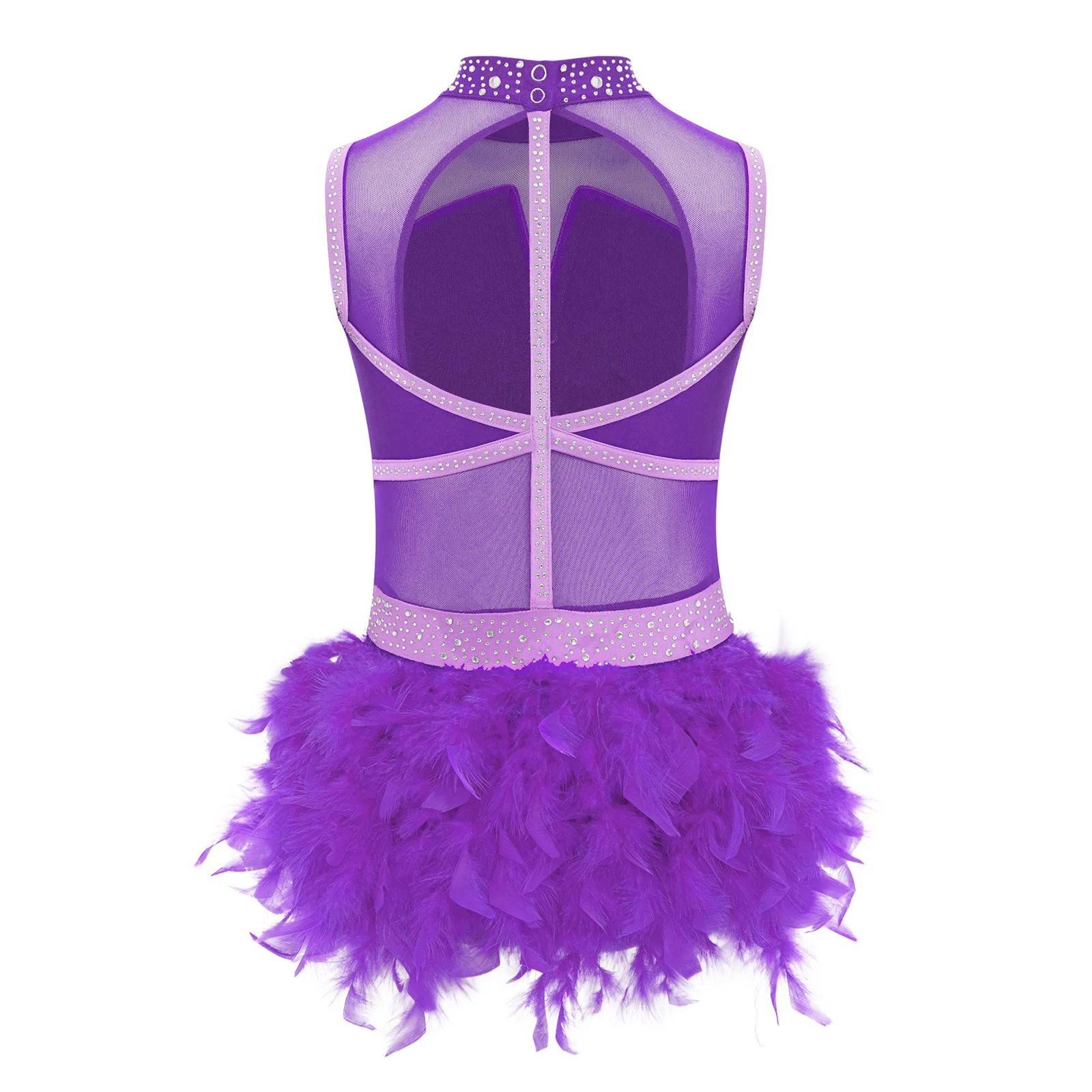 Kids Girls Jazz Latin Ballet Dance Leotard Cutout Back Rhinestones Unitard+Feather Briefs Skirt for Figure Skating Performance