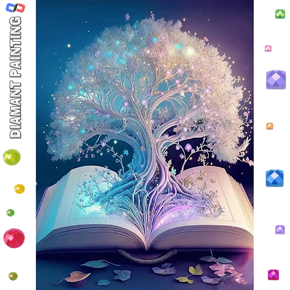 Pintura de árbol bordada con diamantes 5D, paisaje DIY, libro de mosaico redondo cuadrado completo, pasatiempos creativos, decoración de pared