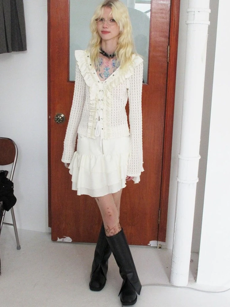 미국 빈티지 Y2K 핫 티셔츠 홀로우 아웃 캐주얼 긴팔 브이넥 레이스 드로스트링 슬림 단색 2000년대 여성 블라우스 가을