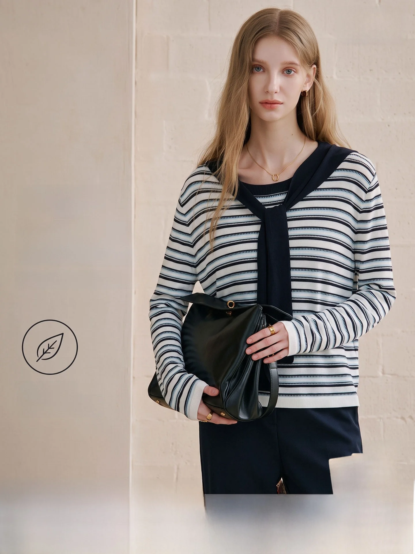 Lacele Semi-Loose Knitted Sweater with Shawl Stripe Design Breathable Comfortable Korean Style Women's Autumn Fashion Top