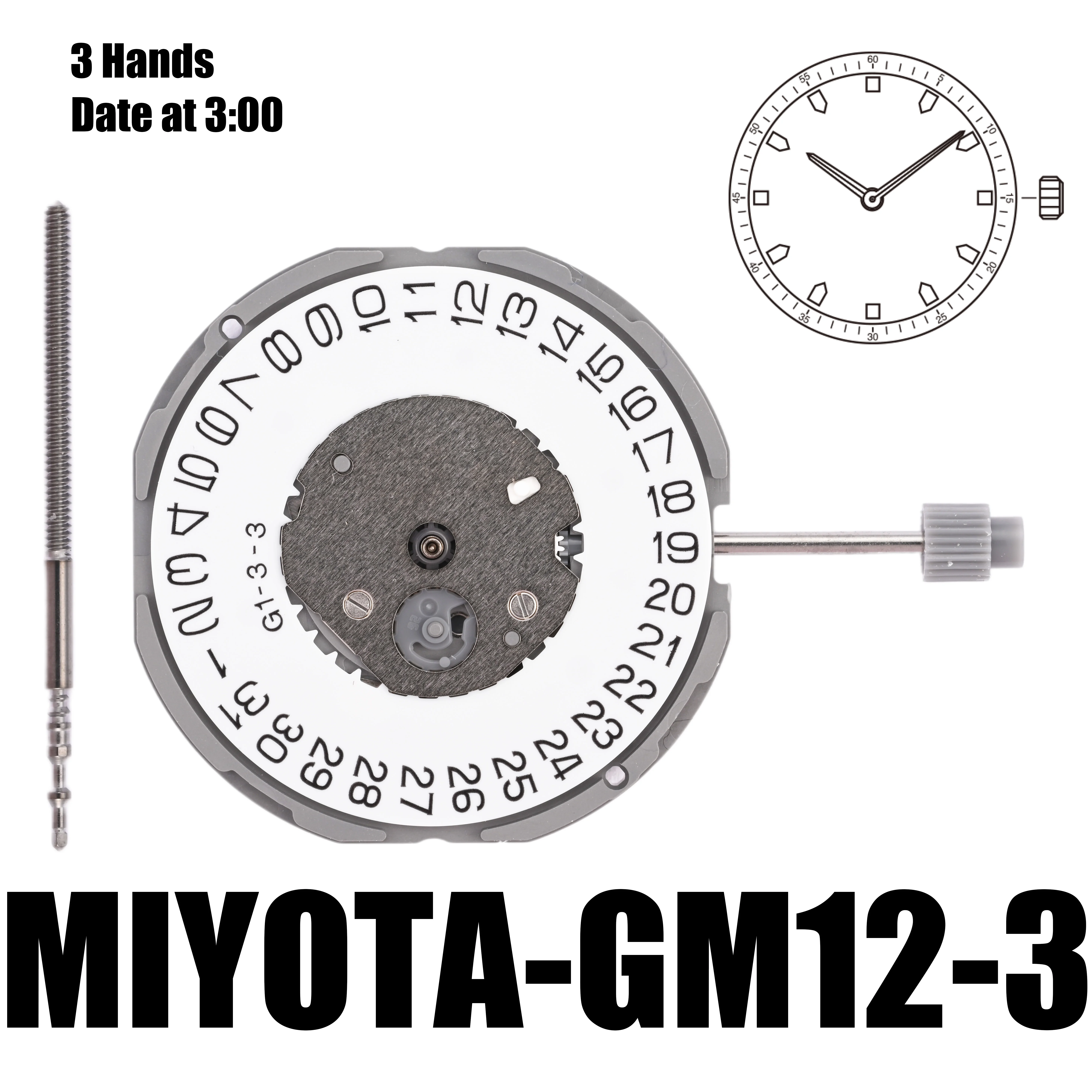 GM12 Movement  GM12-3 Movement 3 Hand Quartz Watch Movement GM12 Date At 3:00 Replaces 1M12 And GM10 Overall Height 4.2mm