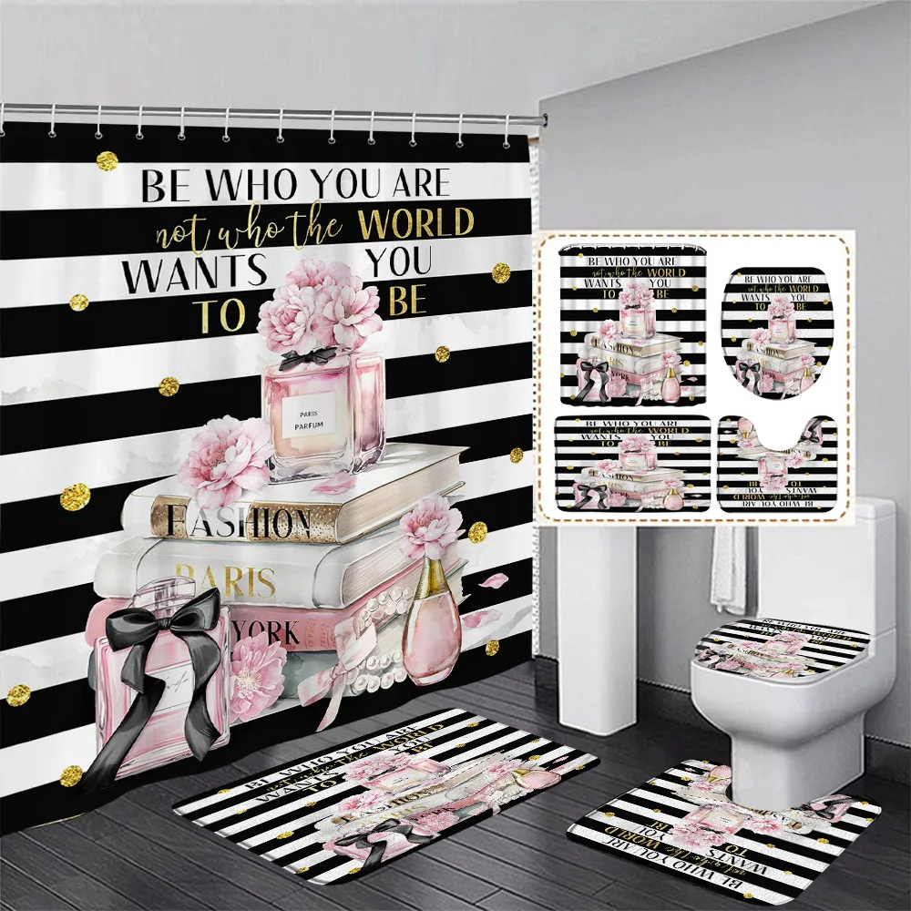 Pink Floral Perfume Shower Curtain Set Fashion Magazine Inspirational Quotes Bathroom Decor Bath Curtains Bath Mats Toilet Cover