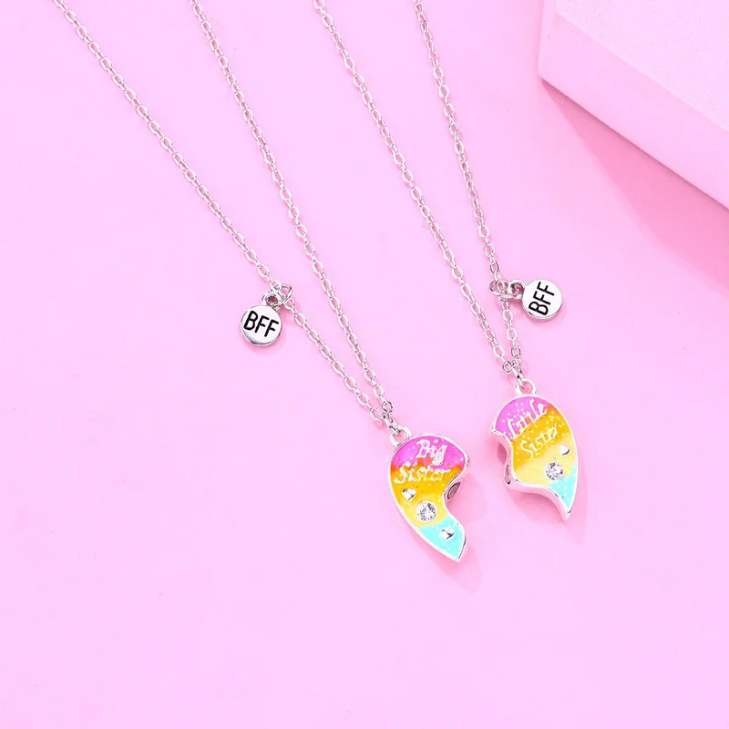 2Pcs/Set Colorful Big Sister Little Sister Pendant Chain Best Friends Necklace BFF Friendship Children\'s Jewelry Gift for Girls