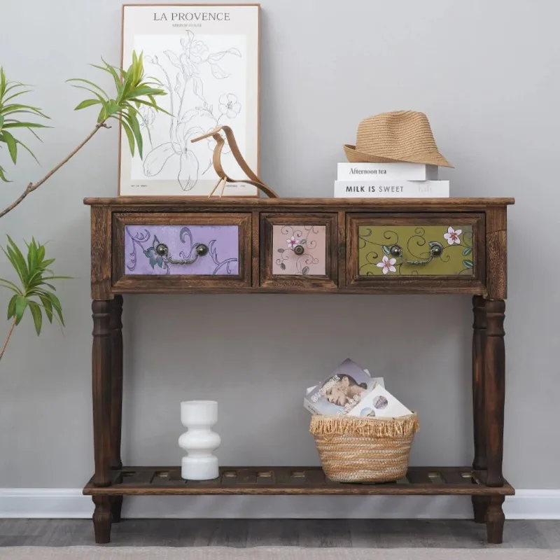 

Vintage American Solid Wood Entryway Console Table Anti-Corrosion Hallway Cabinet with Drawers for Living Room & Balcony Storage