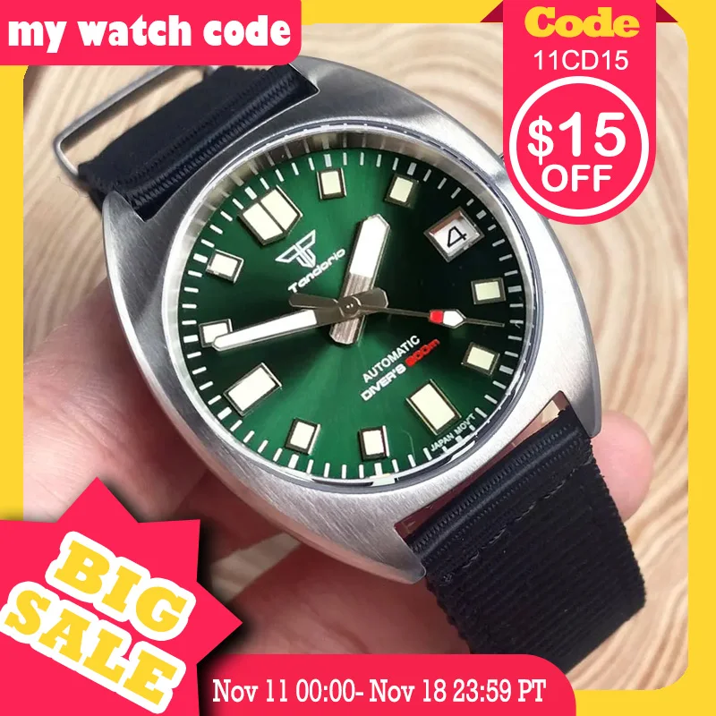 

Tandorio NH35 pt5000 36mm Field Pilot Mechanical Watch Men 20bar Waterproof Steel Wristwatch Sunburst Green 36mm Diving Clock