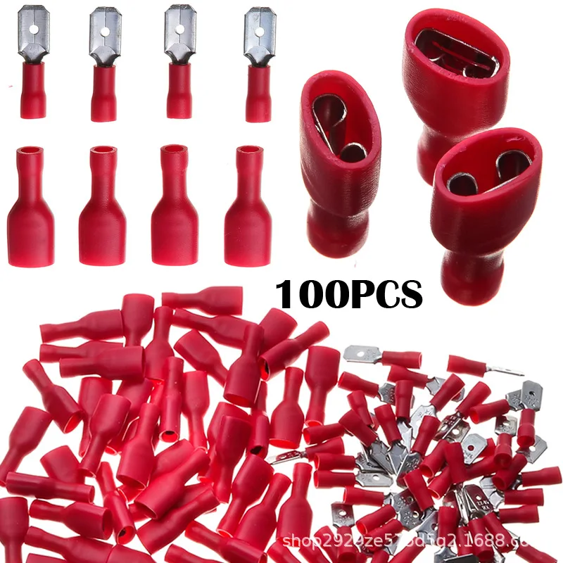 100Pcs Red Fully Insulated Blade Crimp Terminals Bag Pack, FDFD Female & MDD Male Copper Wire Connectors