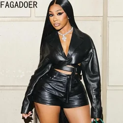 FAGADOER Y2K Leather 2 Piece Sets Women Bandage Lace-up Jacket and Shorts Suits Punk Outfit Female Cool Girl Streetwear New