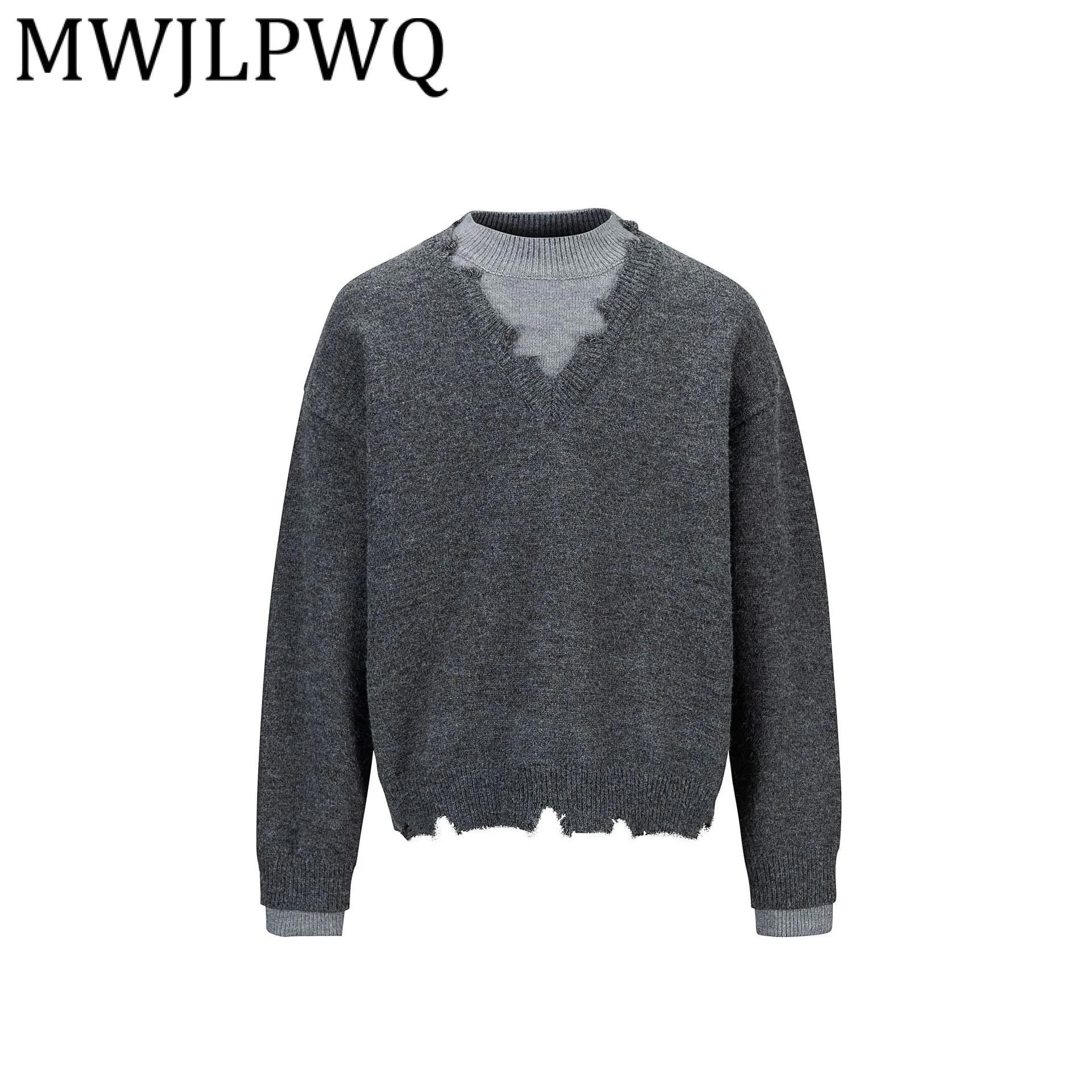 

MWJLPWQ Осенний новый дизайн, потертый свитер в американском стиле, мужской искусственный комплект из двух предметов, мужской пуловер с круглым воротником, вязаные топы 21563