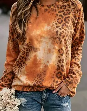 Women's Leopard Print Sweatshirt Orange Brown Tie Dye Gradient Long Sleeve Crew Neck Top