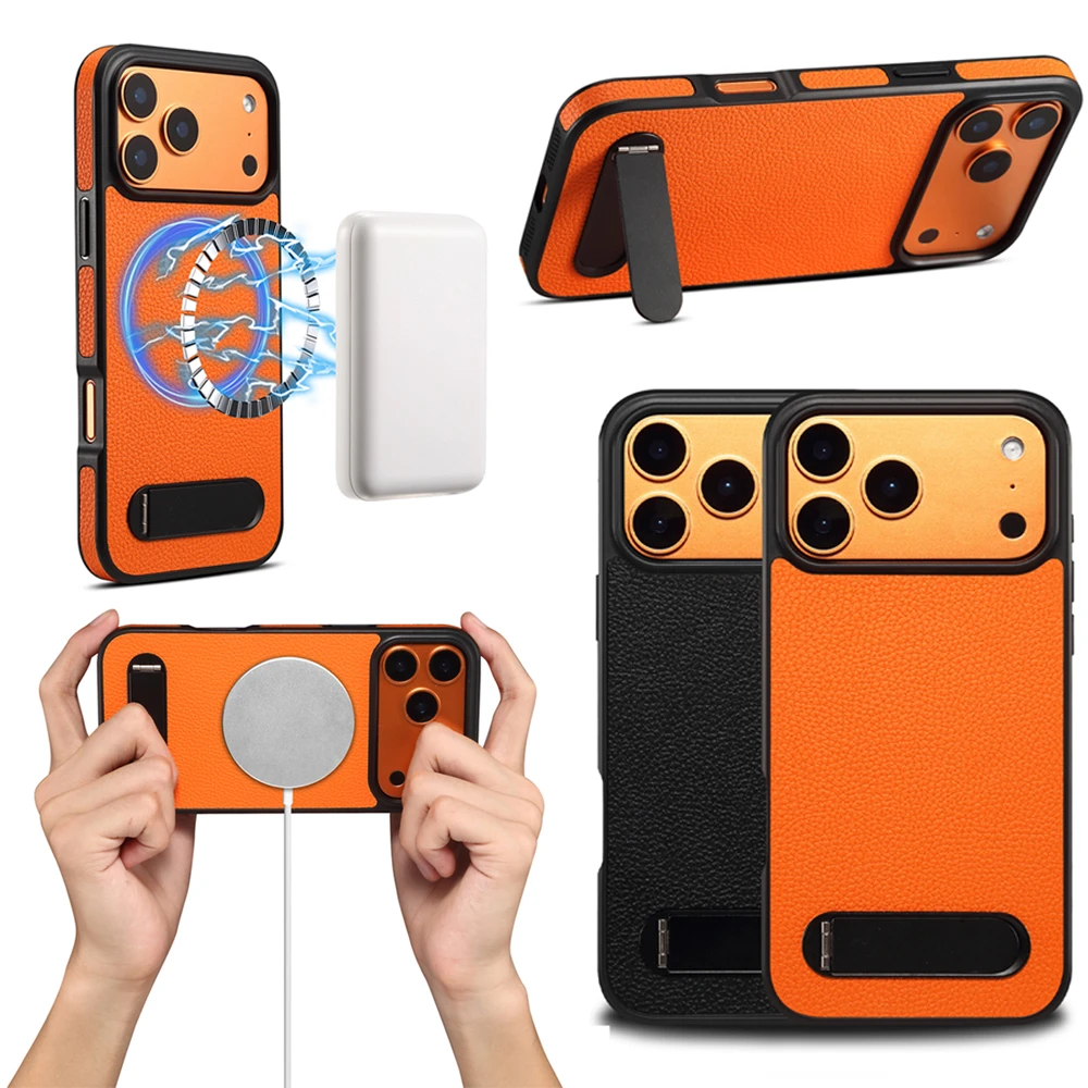 

Luxury Magnetic Wireless Charge Stand Cover Matte PU Leather Phone Case for iphone 17 PRO MAX 16 PRO MAX 13 PRO 14 PRO 15 PRO