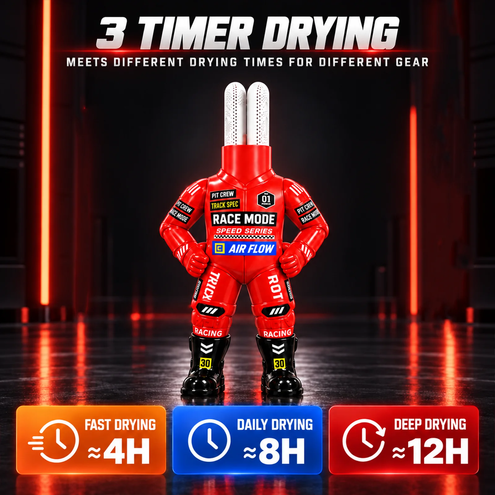 Race Mode Gear Dryer for Riders! Powerful airflow quickly dries your helmet, gloves and protective accessories. One device handl