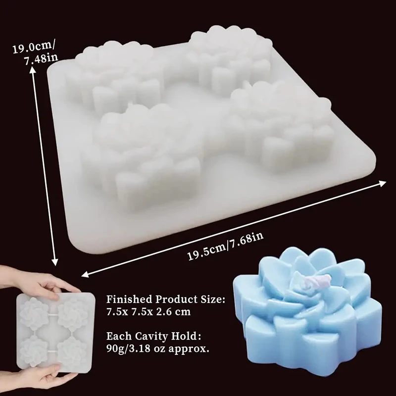 4 Cavities Silicone Soap Mold Succulent Plants Flower Mould for Soap Bath Bombs Candle Crafts, Handmade Chocolate Cake Mold