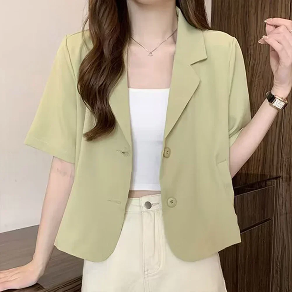 Summer Blazers Women Blazers Medium Elasticity Polyester Single Breasted Solid Color Summer Fashion Hot Stylish