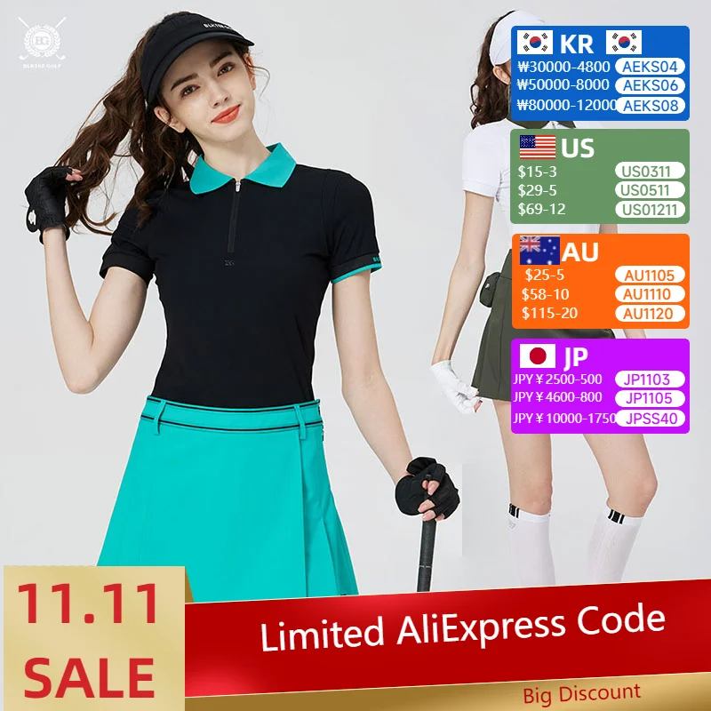 

Blktee Летняя одежда для гольфа Женская рубашка с короткими рукавами Быстросохнущий топ с воротником-молнией Юбка на трапециевидной подкладке Женские шорты для гольфа с внутренними шортами