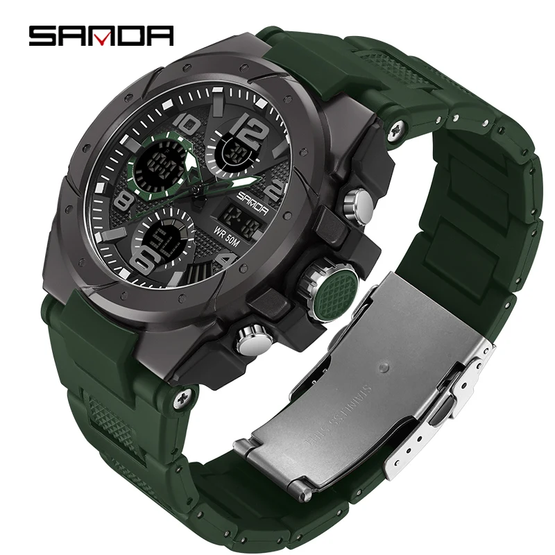 SANDA Men Sports Watches Dual Display Analog Digital LED Electronic Quartz Wristwatches Waterproof Swimming Military Watch 9009