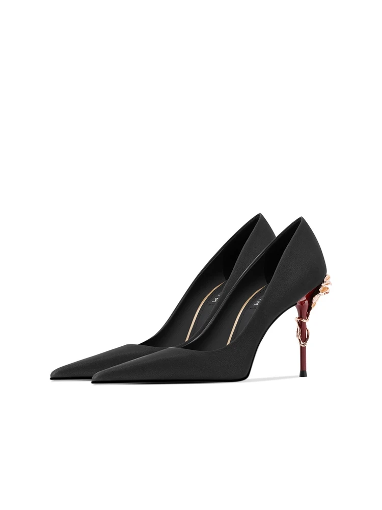 

High-heeled autumn new pointed toe shallow suede leather metal flower thin-heeled single shoes banquet dress women's shoes