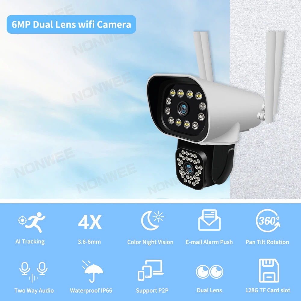 6MP WIFI Security Camera Dual Lens PTZ Outdoor CCTV Surveillance Camera Dual Screen Video Record Auto Tracking iCam365