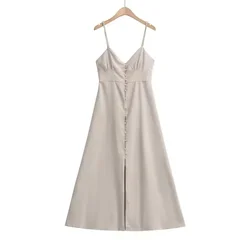 Linen Dress Women Strapless V Neck Solid High Quality Midi Vintage Chic And Elegant Y2k Sundress Women's Dresses