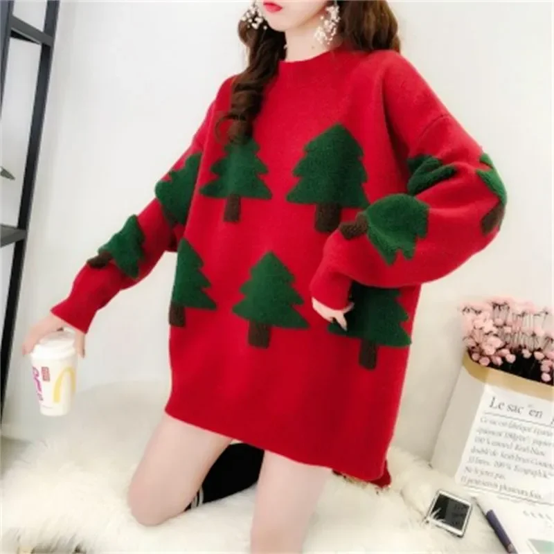 Christmas Tree Pattern Sweaters Pullovers Women O Neck Knitted Loose Jumpers 2023 Winter Autumn Casual Warm Tops Girlfriend Gift