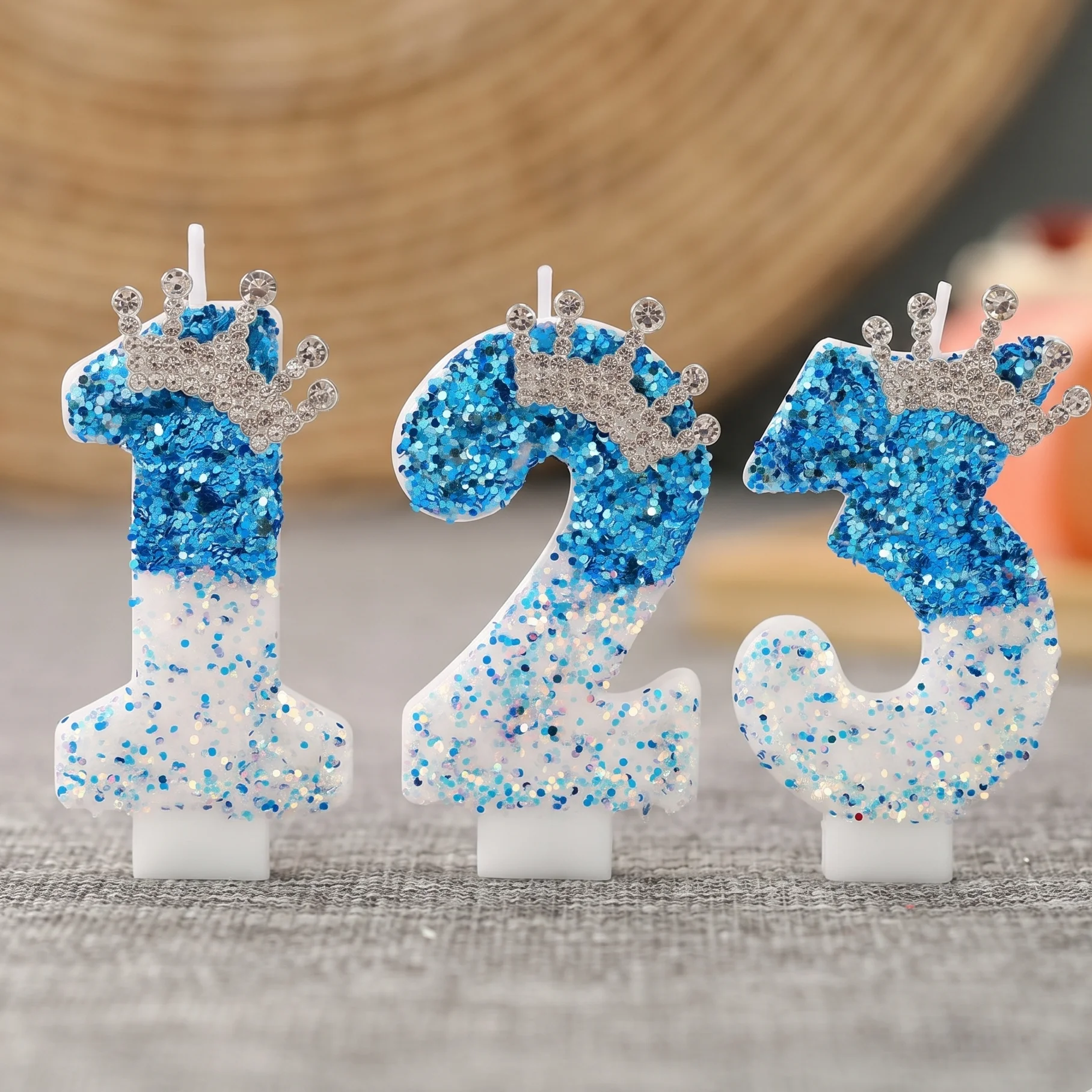 Gradient Blue Crown Number Digital Birthday Candle - Creative Cake Decoration for Princess Prince Party Supplies