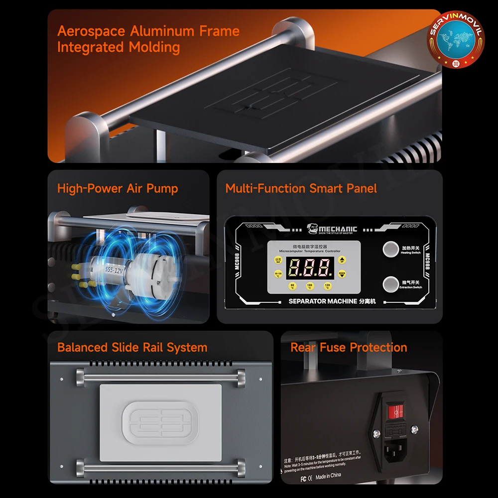Máquina separadora de pantalla LCD mecánica MC988, 150W, alta succión, calentamiento rápido, se adapta a pantallas de hasta 10,5 pulgadas, Control preciso de temperatura