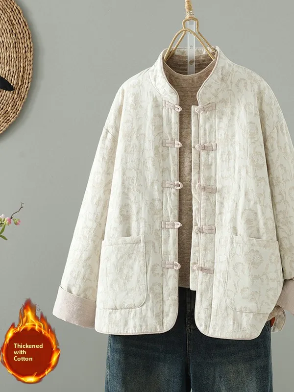 Thiened linho algodão bordado jaet vintage botão casaco de inverno feminino quente algodão acolchoado gola longa casaco sve