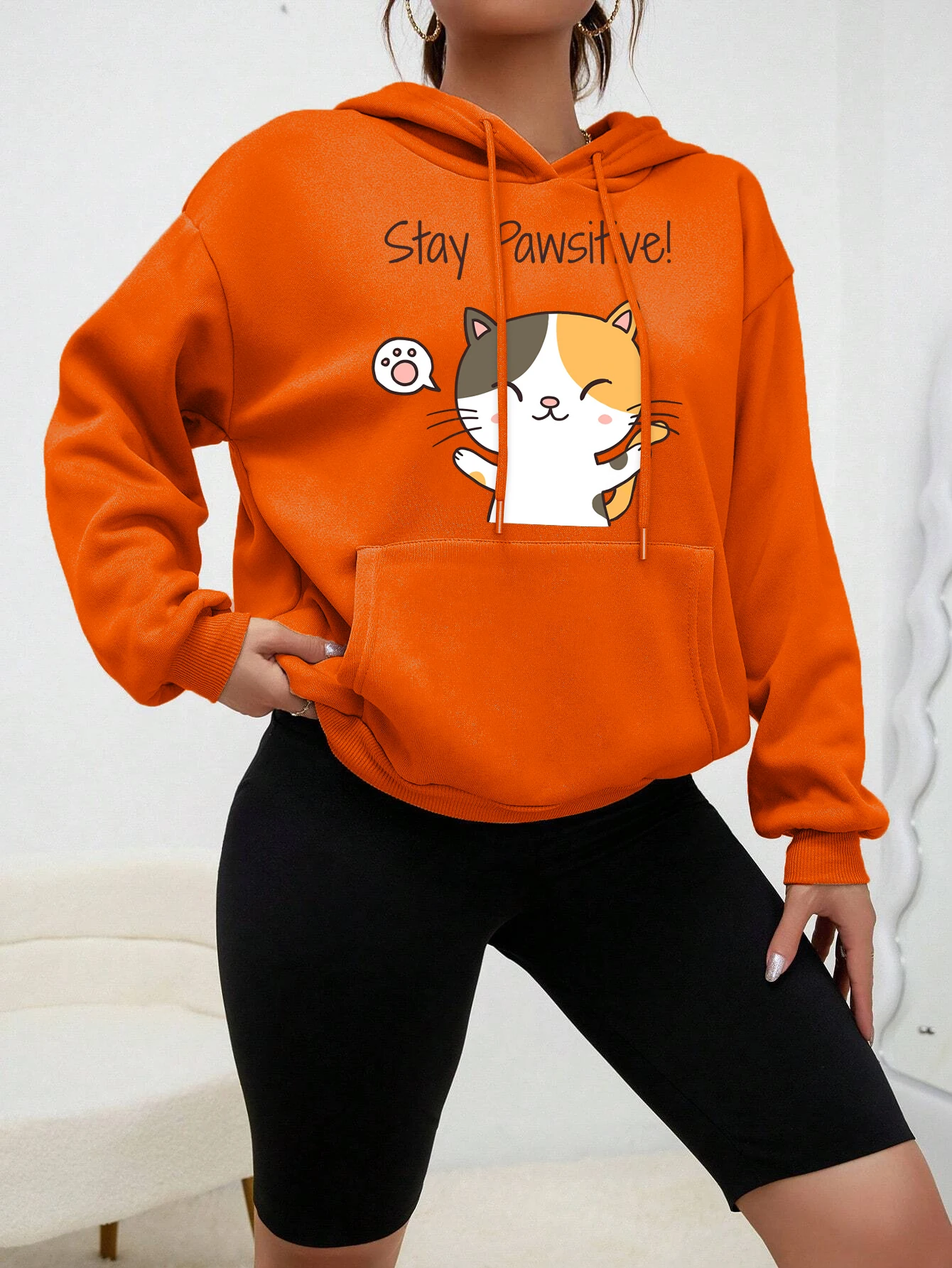 Cat Let You Stay Pawsifive Print Women Hoodies Fashion Casual Streetwear Personality Hip Hop Hoodie Cartoon Fleece Pulloverar