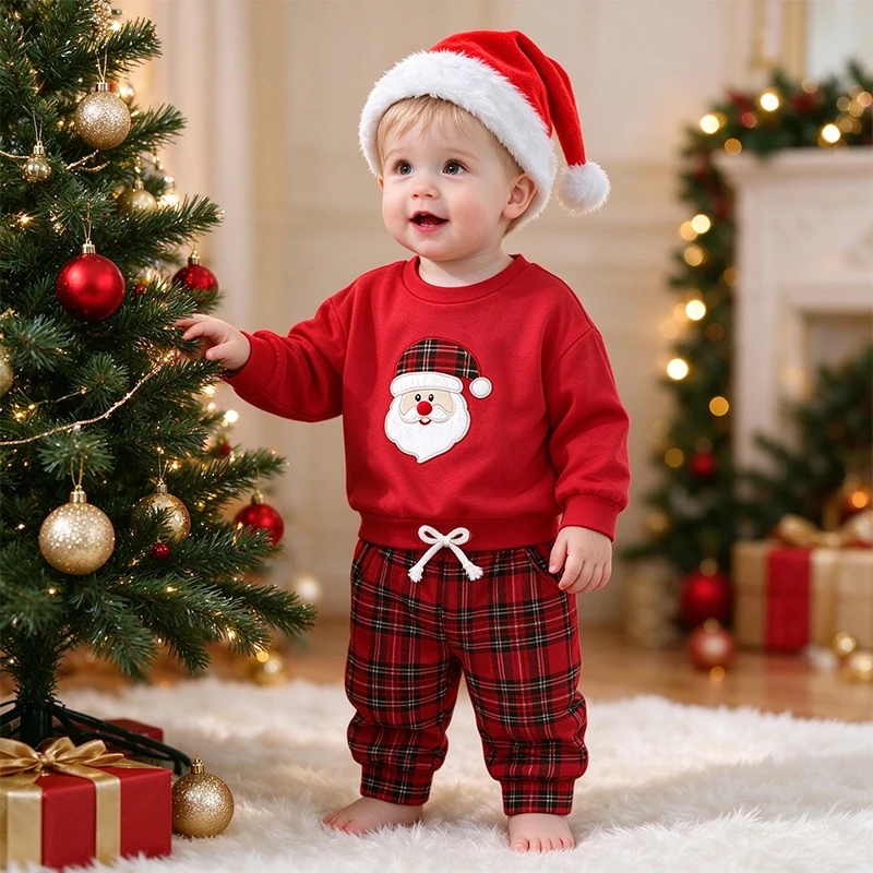 Baby Christmas Outfit Toddler Boys Girls 2 Piece Santa Claus Sweatshirt Red Plaid Pants Xmas Party Infant Winter Warm Clothes