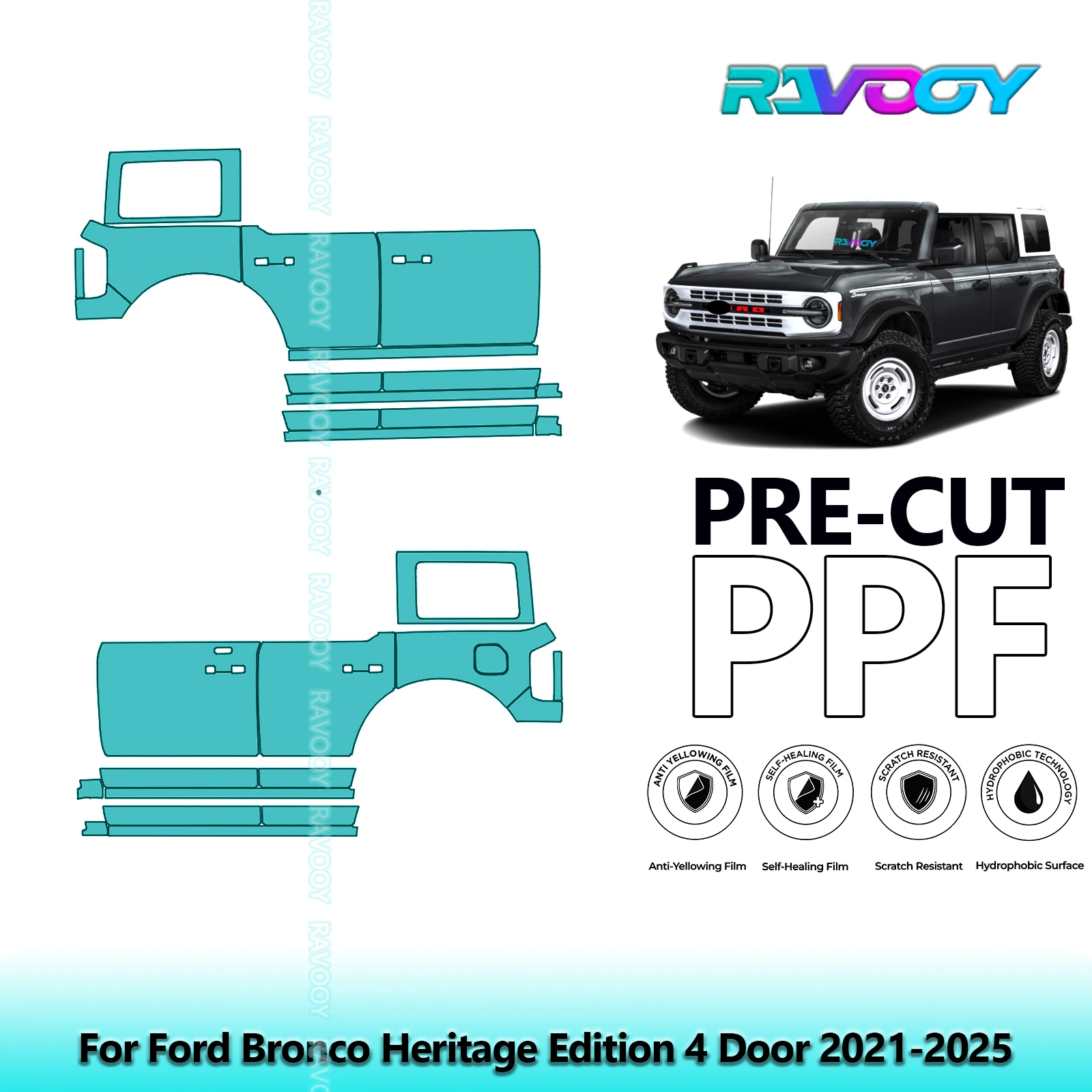 

For Ford Bronco Heritage Edition 4 Door 2021-2025 8.5mil Pre-Cut PPF Door & A/B Pillar Kit TPU Paint Protection Film Set