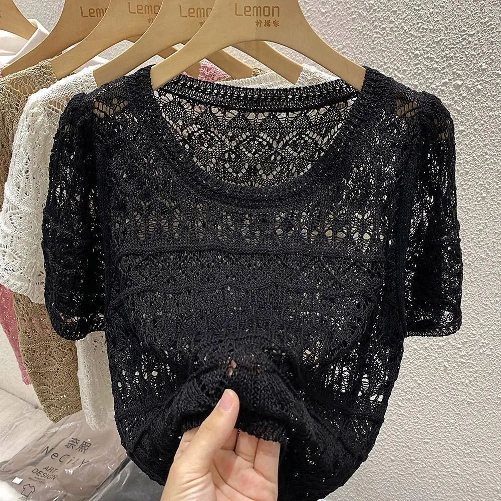 Women Summer Sweater Korean Fashion Short Sleeve Hollow Out Loose Tee Casual Thin Crew Neck Lightweight Solid Versatile Clothing