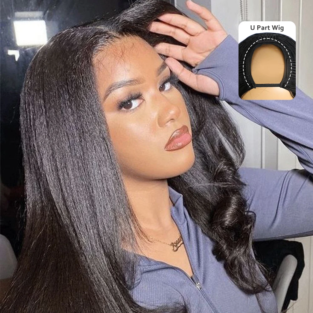 Megeen Kinky Stright Upgrade U Part Wigs Human Hair Indian Virgin Hair Machine Wig For Women Easy Install Small Leave Out 28Inch