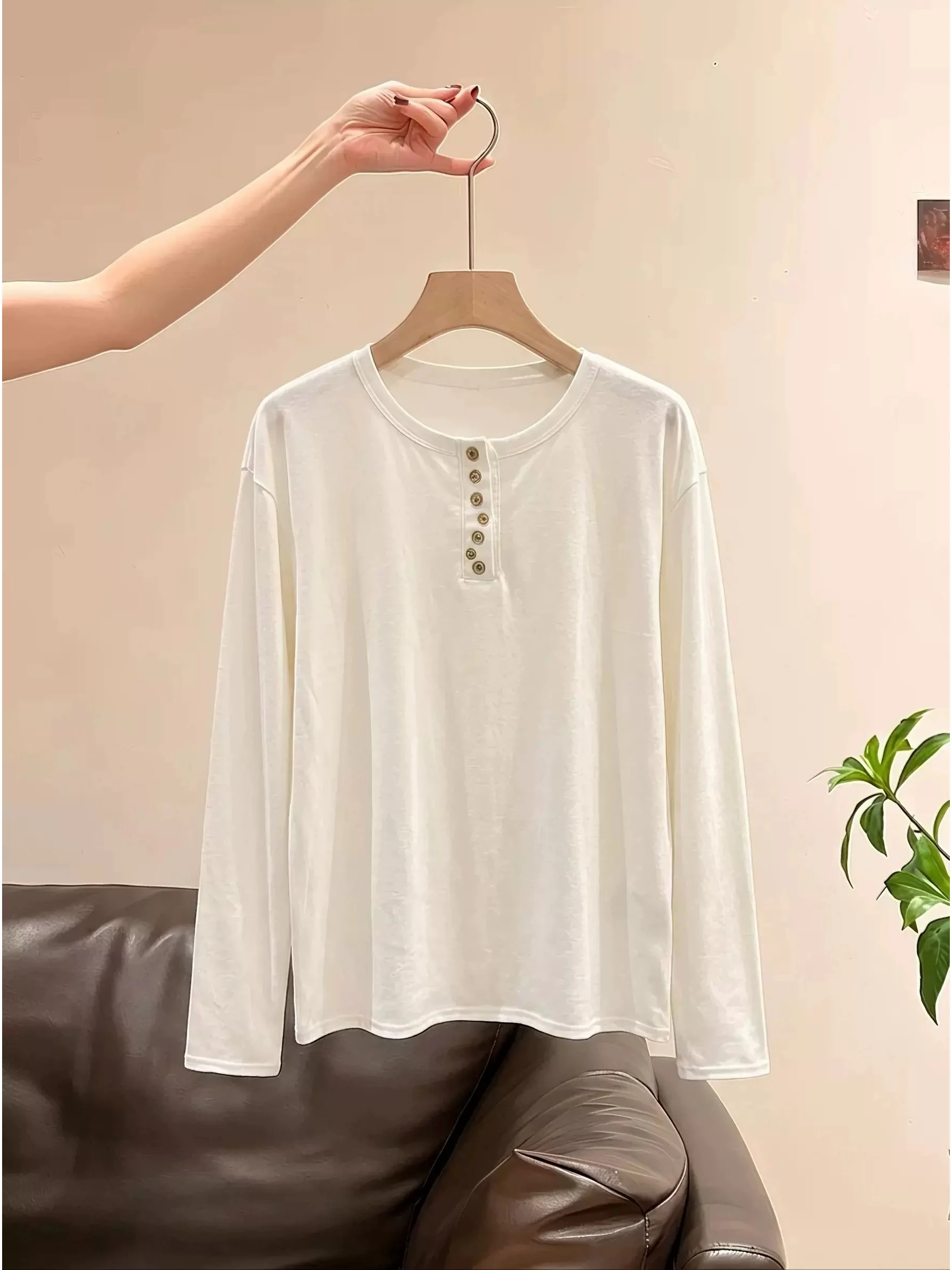 Casual Long Sleeve T-Shirt Loose Fit Irregular Button Design Breathable Cotton Polyester Blend for Women Autumn Season Beauty...