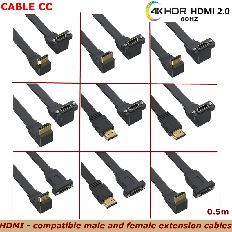 

0,5 м 90 градусов плоский HDMI-совместимый 2,0 штекер и гнездо Удлинительный кабель, с установкой панели с винтовым отверстием, высокая скорость 4K 60 Гц