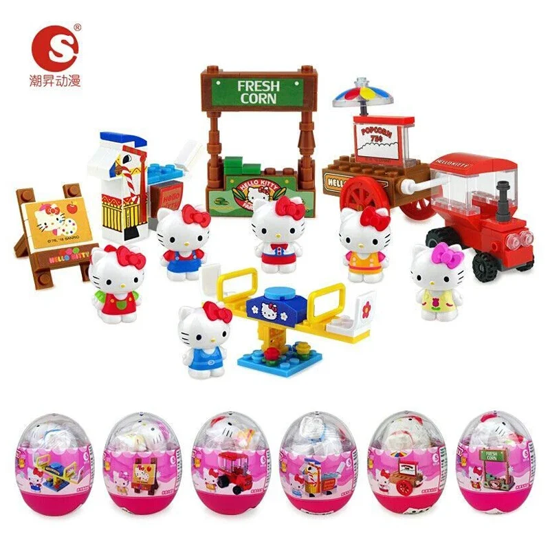 Anime Sanrio Hello Kitty Gacha Building Block Toys, Happy Farm Fun Twist Egg, regalo de cumpleaños y Navidad para niños