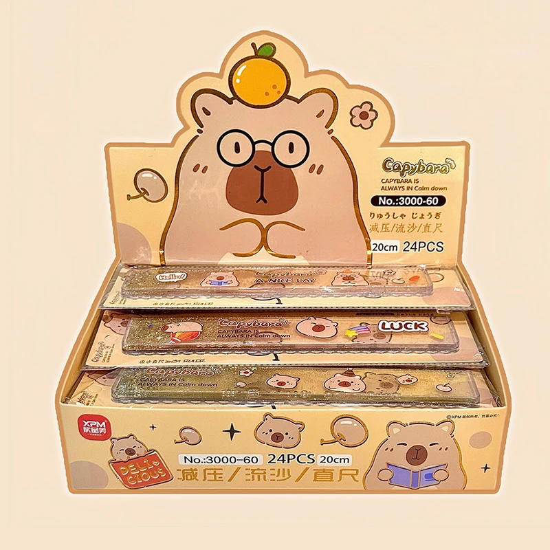 Cartoon Lovely Capybara Flowing Sand Ruler Cute Plastic Straightedge Protractor Portable Measuring Tools School Office Supplies