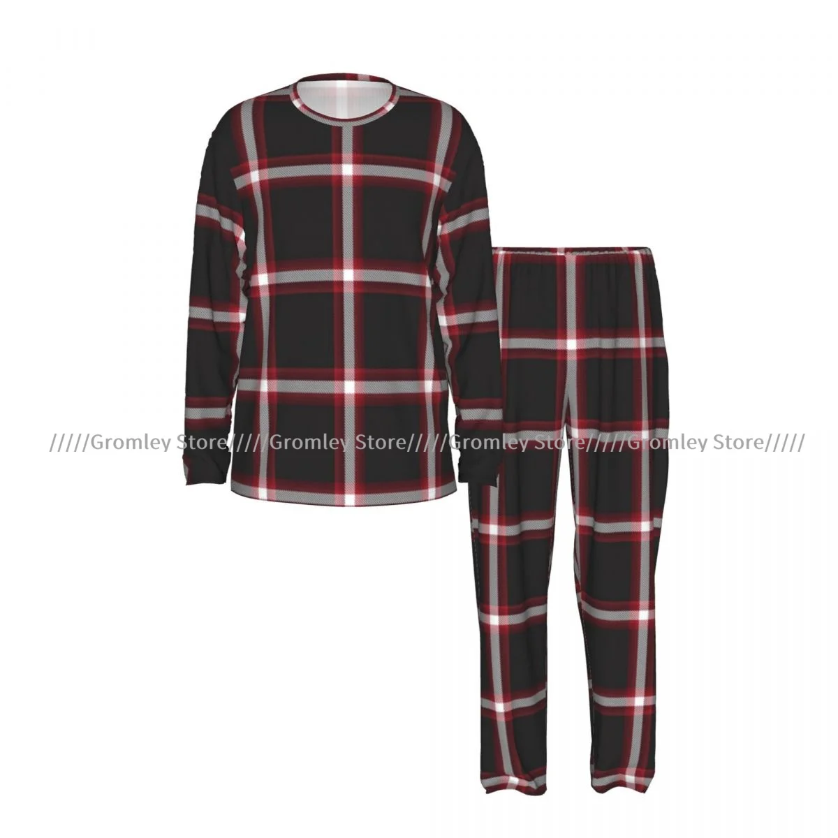 Red Ombre Plaid Texture Men's Pajama Set Long Sleeve T-Shirt and Long Pants Sleepwear Male Nightwear Home Suit