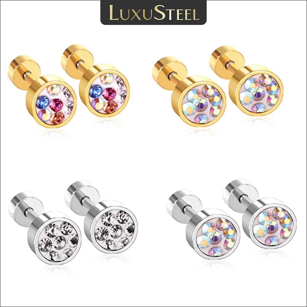 LUXUSTEEL 6MM 2022 Stainless Steel Earrings Round Bling Colorful CZ Anti-allergy Brinco Earrings For Women Girl Party Wedding