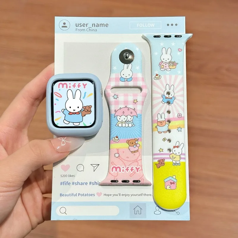 Miffy Rabbit Kawaii Anime Cartoon Watch Strap Silicone Women's Model Dopamine Apple Watch for S11 IWatchS10 Apple9/8 Wristband