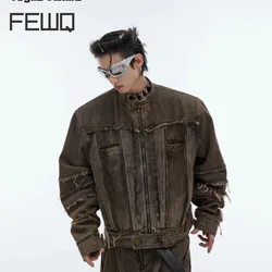 FEWQ Niche Vintage Washed Shoulder Padded Denim Jacket Metal Tassel Design 2024 Male Tops Korea Fashion Men Sets 24E1818