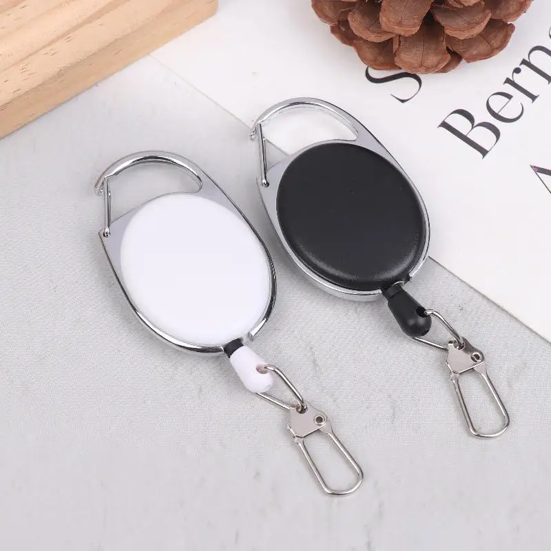 4Pcs Black White Retractable Badge Scroll ID Badge Holder Fly Fishing Retractor Tool Elastic Key Chain Nylon Rope Length 60-65cm