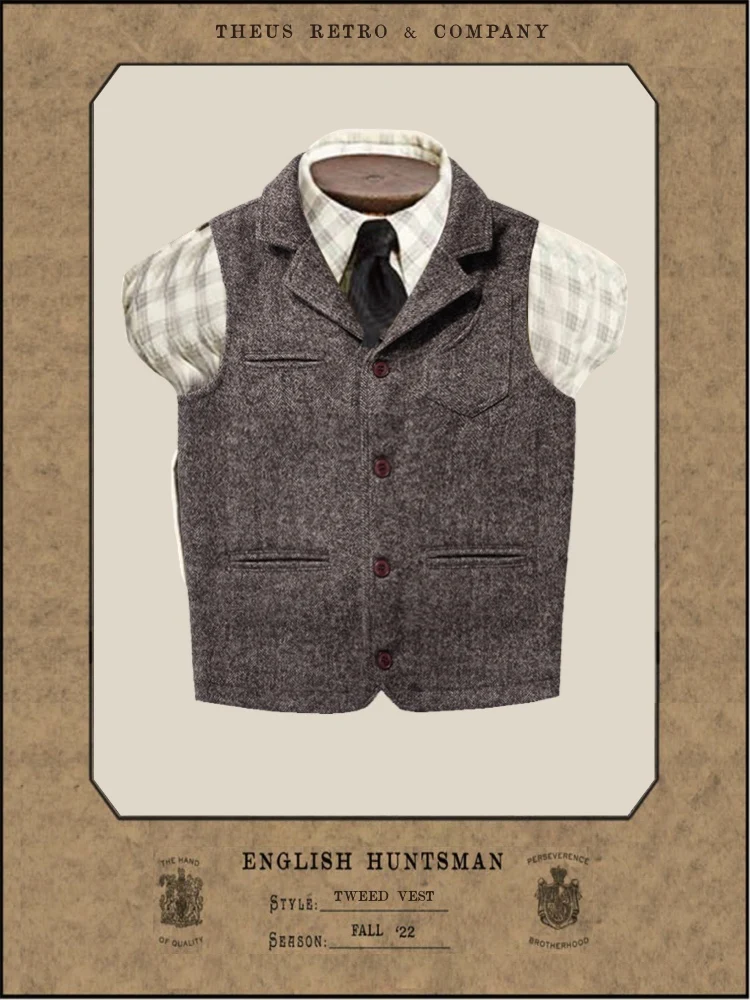 Harris Quality Heavyweight Tweed Pepper Salt Collar Wool Vest American Retro Non-RRL Wool Blend Button up Vest for Men