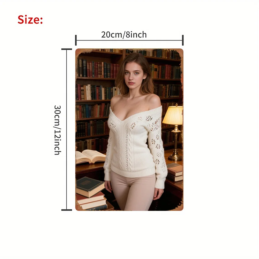 Library Girl in White Off-Shoulder Knit Sweater High Definition Tin Painting Vintage Metal Sign Wall Art Decor