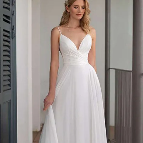 Robe mi-longue blanche élégante pour femme, bretelles spaghetti, décolleté en V profond, robe de soirée sexy, invité de Rh, été