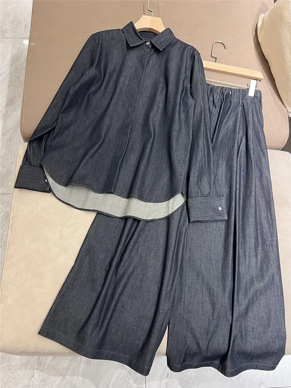 Women'S 2-Piece Set lapel Beading Loose Denim Shirt+ High Waist Drawstring Wide Leg Pants Casual Suit