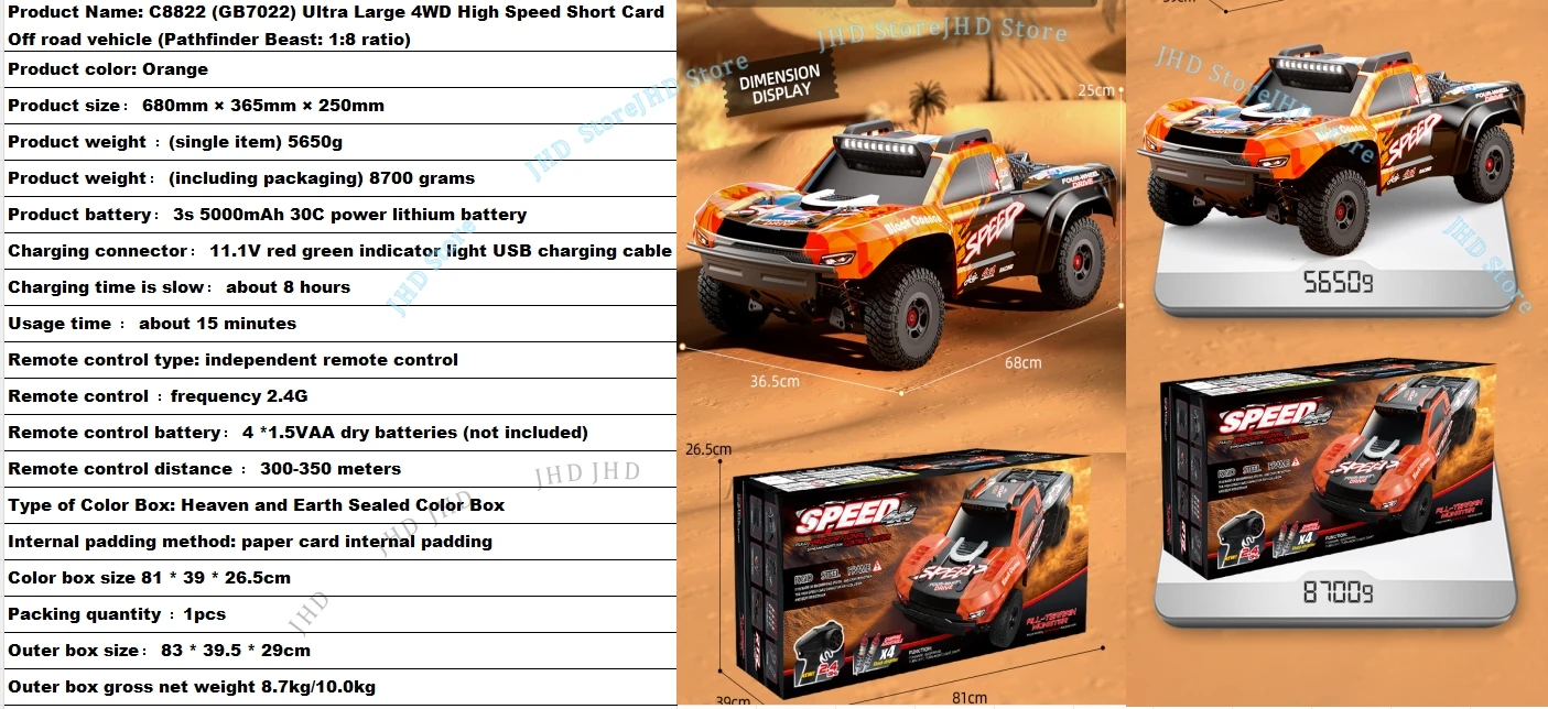 JHD For 2025 New JJRC C8822 1:8 4WD Rc Car Large Brushless High-Speed Drift Racing Off-Road Vehicle Climbing Large Car