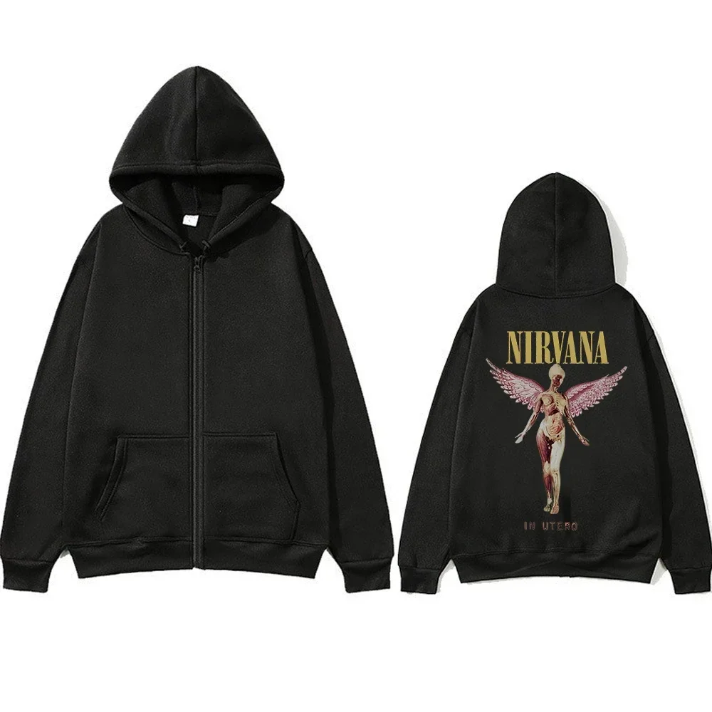 Unisex-Fleece-Hoodie mit Reißverschluss, Nirvana In Utero Angel Grafikdruck, Vintage 90er Jahre Rockband, lockerer Schnitt, Sweatshirt mit durchgehendem Reißverschluss – Detail 3