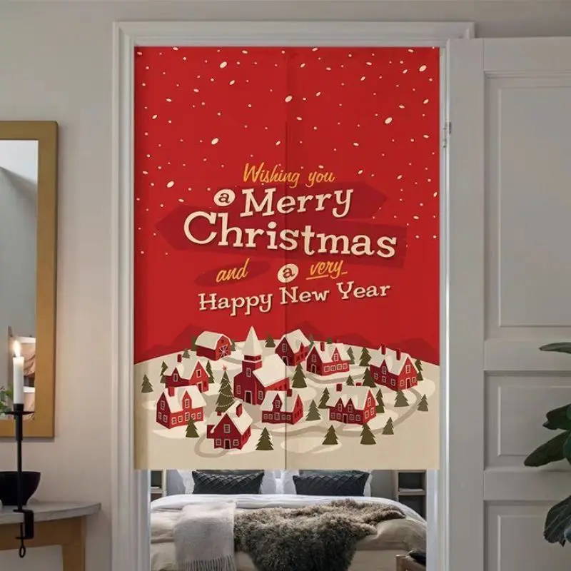 VIKAMA Christmas Merry Xmas Snow Village Door Curtain Red Snowflake House Tree New Year Text Bedroom Living Room Dorm Home Decor