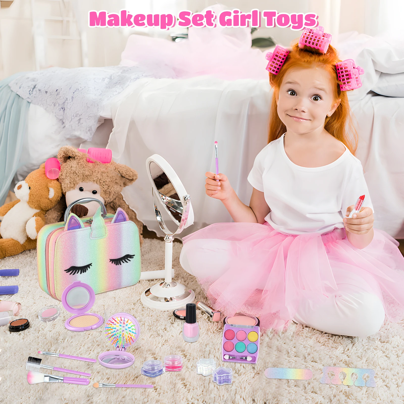 Pretend Play Makeup Toys for Girls Fake Make Up Kits Bag Toddler Cosmetics Lipstick Eyelash Brush Beauty Toy Girl Birthday Gifts