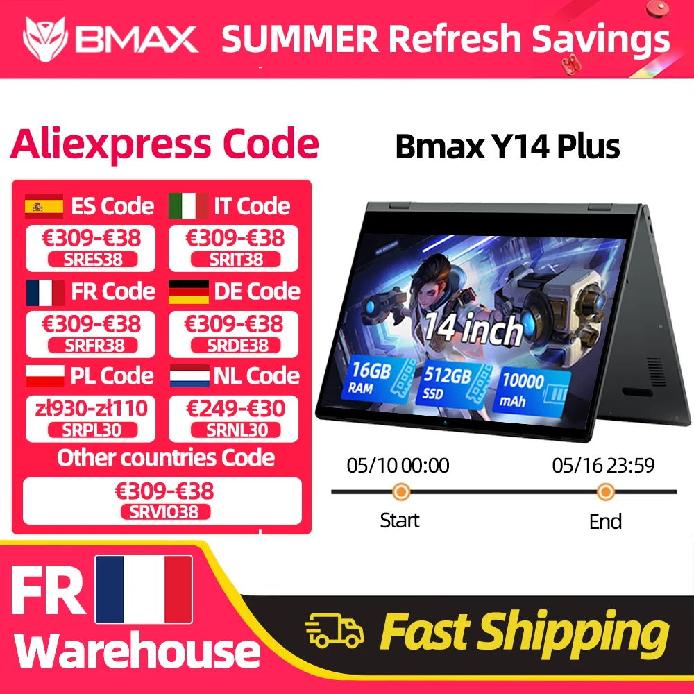 Ordinateur portable BMAX Y14 Plus 14'' IPS FHD, Windows 11, batterie 10000mAh, 16 Go de RAM, 512 Go SSD, processeur Intel N150, clavier numérique USB Type-C, Wifi, USB